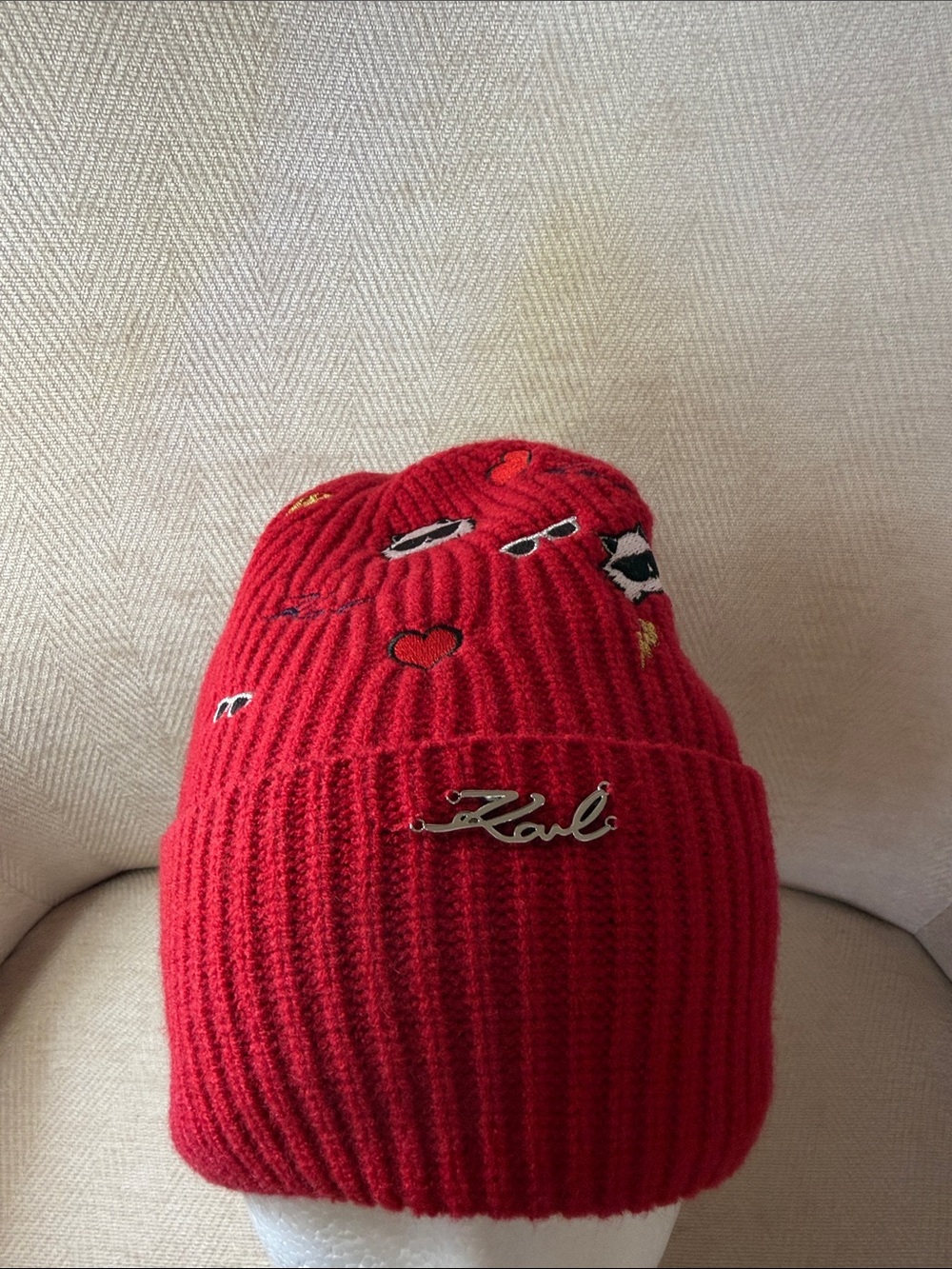 Karl Lagerfeld Red Kids Knit Beanie with Embroidered Accents